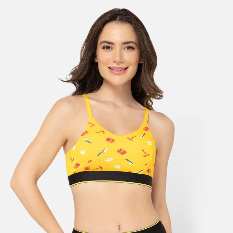 Bummer Womens Wirefree Non Padded Printed Full Coverage Bra Yellow (M)