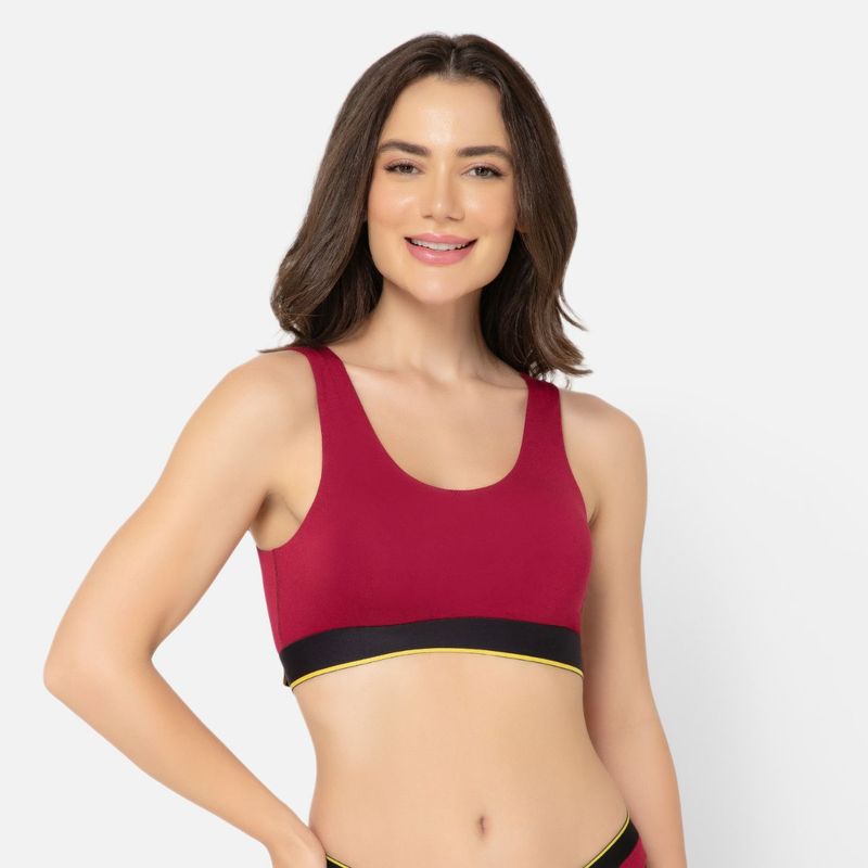 Bummer Womens Proactive Micro Modal Wireless Non Padded Full Coverage Sports Bra Maroon (M)