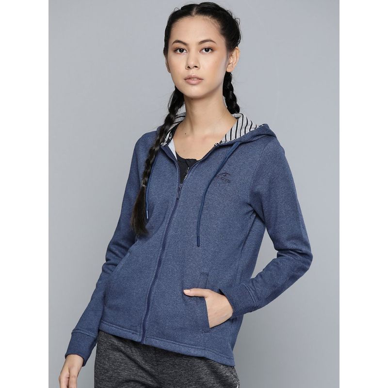 Alcis Women Navy Blue Solid Melange Effect Hooded Sweatshirt (L)