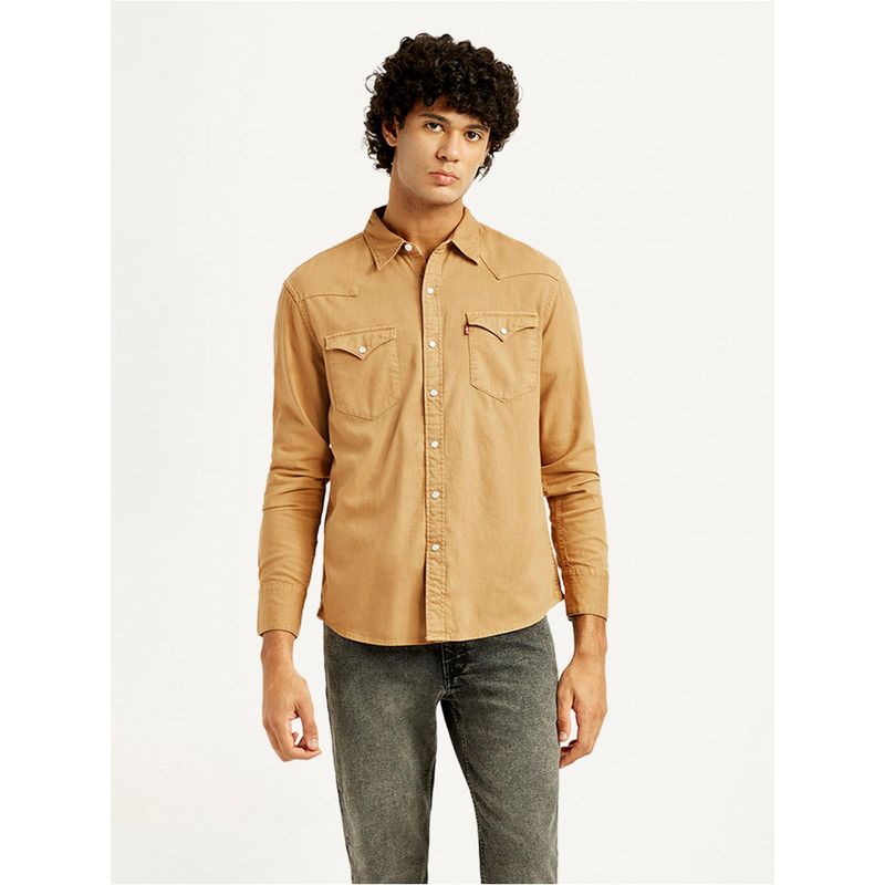 Levi's Mens Solid Slim Fit Tan Casual Shirt (L)