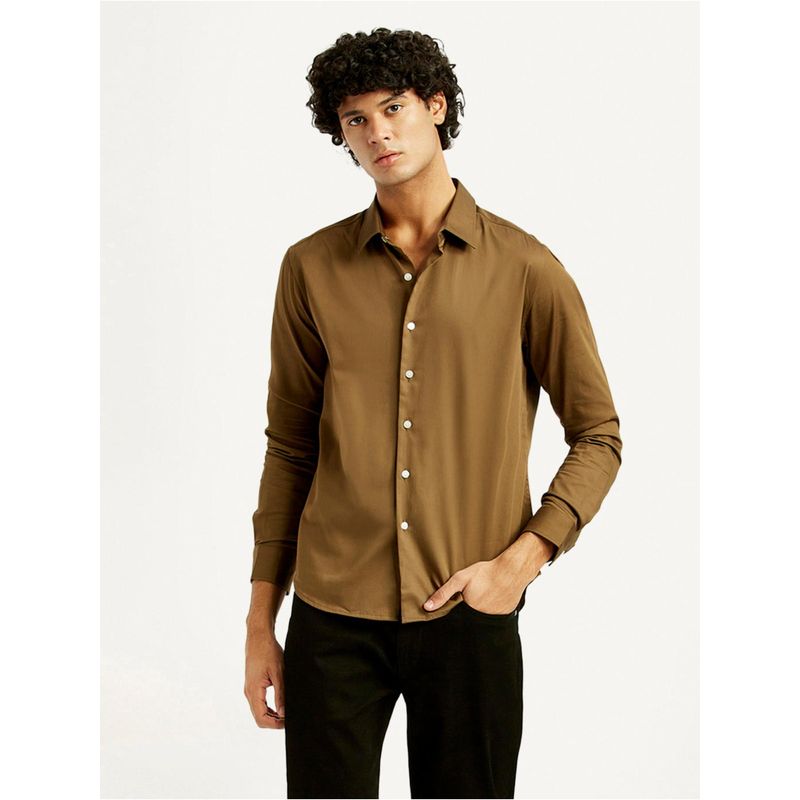 Levi's Mens Solid Slim Fit Brown Casual Shirt (S)