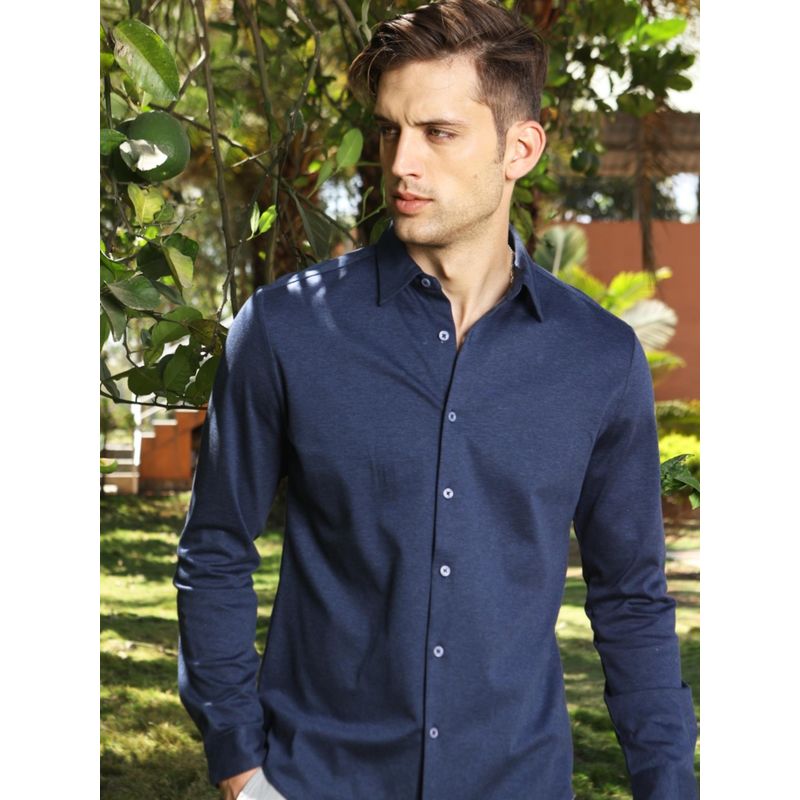 MELVIN JONES Deep Sea Blue Weave Knitted Woven Shirt (M)