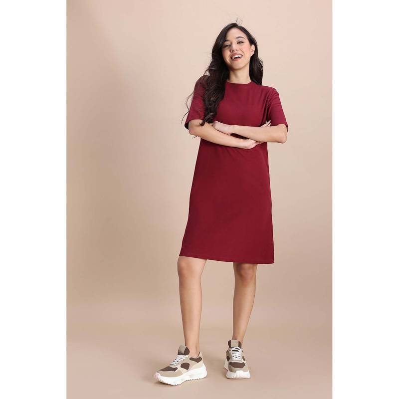 Zivame Knit Cotton Loungewear Dress - Deep Claret (M)