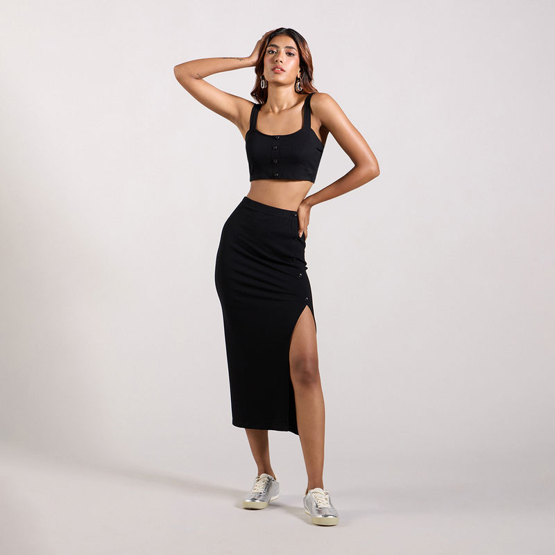 MIXT by Nykaa Fashion Black Solid Square Neck Crop Top High Waist Maxi Skirt Co-Ord (Set of 2) (S)
