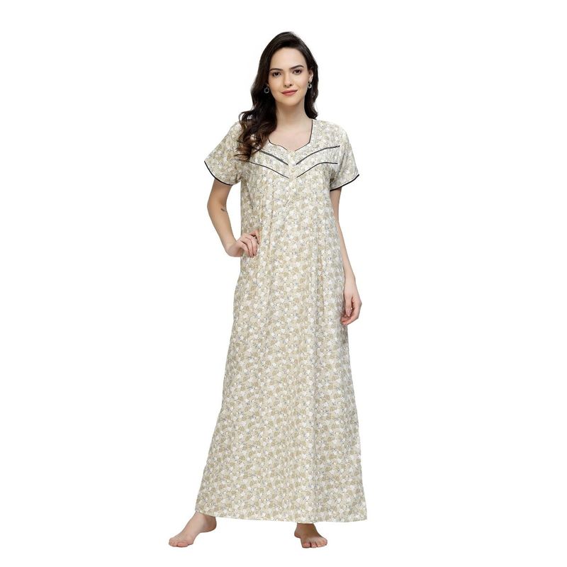 Sweet Dreams Women Printed Half Sleeves Pure Cotton Maxi Nightdress - Off White (L)