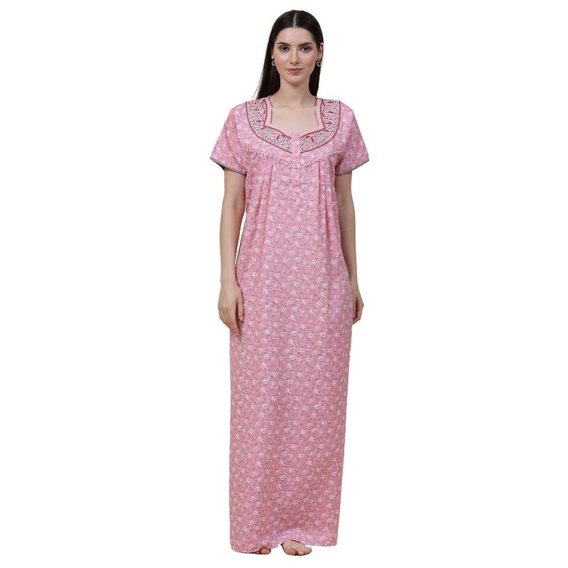 Sweet Dreams Women Floral Print Half Sleeves Maxi Nightdress - Pink (XL)