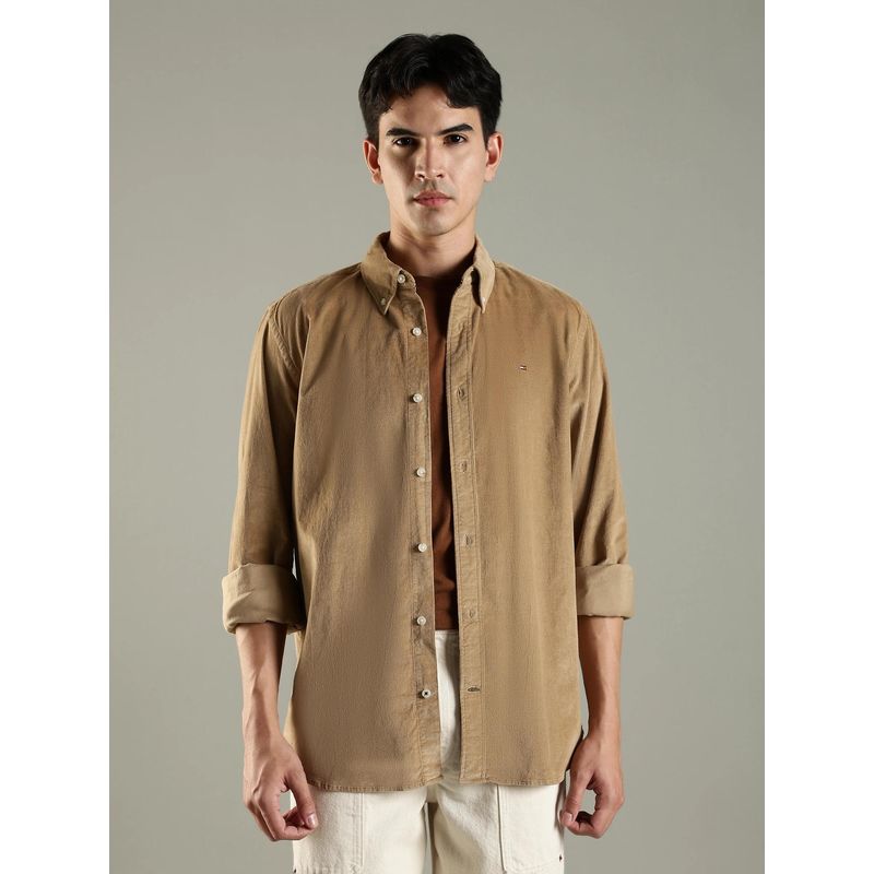 Tommy Hilfiger Solid Regular Fit Cotton Shirt-Brown (L)