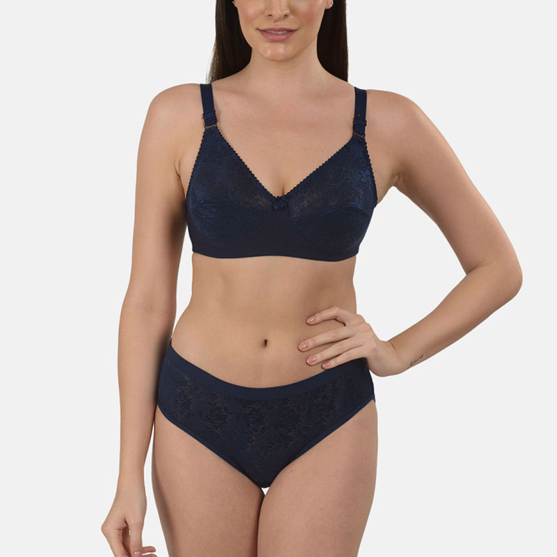 Mod & Shy Women Non Padded Non Wired Lacy Lingerie Set - Navy Blue (40B)