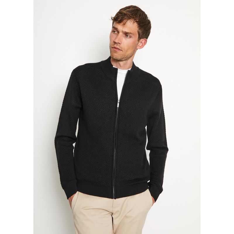 Bruun & Stengade Men Black Solid Mock Collar Cardigan Sweater (S)
