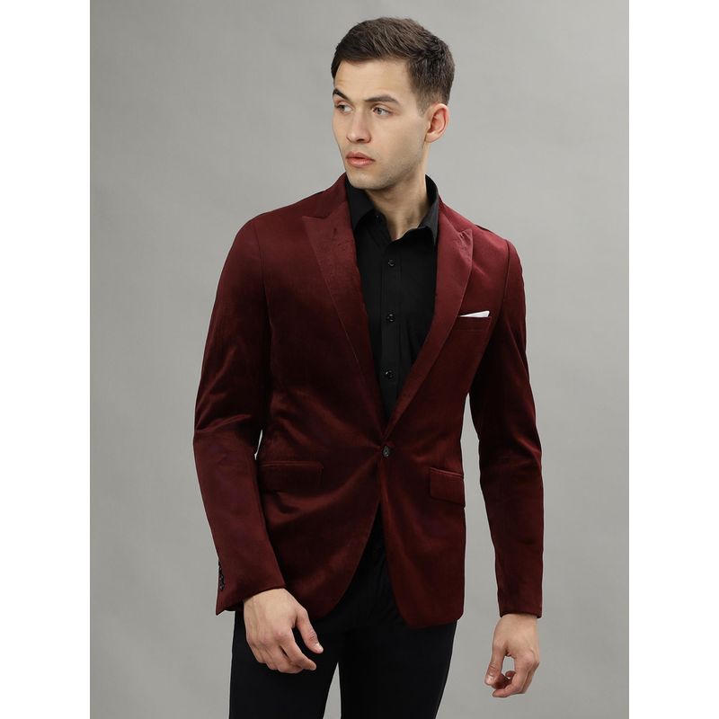 LINDBERGH Men Burgundy Single Breasted Peaked Lapel Full Sleeves Blazer (40)
