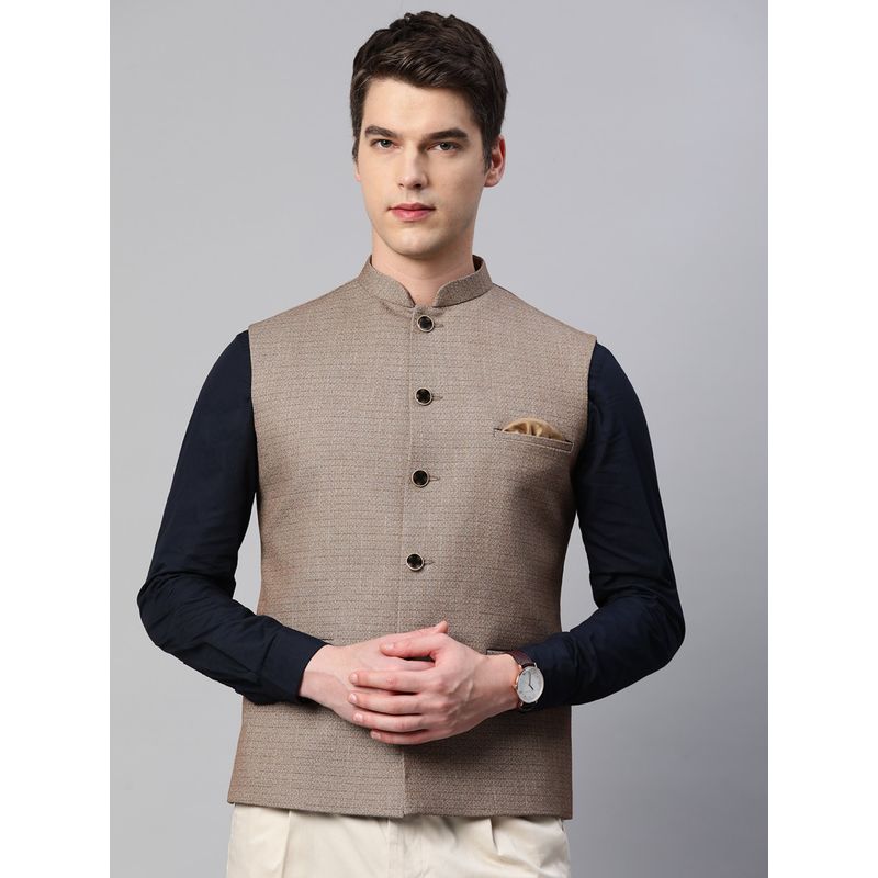 ESSAS club Men Khaki Nehru Jacket With Slub Self Design Pattern (38)