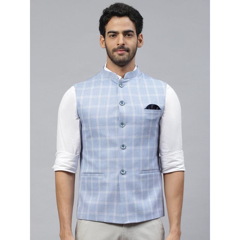 ESSAS club Men Sky Blue Nehru Jacket With Blue Checks (38)