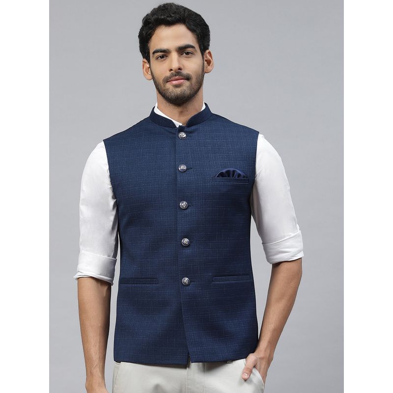 ESSAS club Men Navy Blue Nehru Jacket With Slub Self Design Pattern (46)