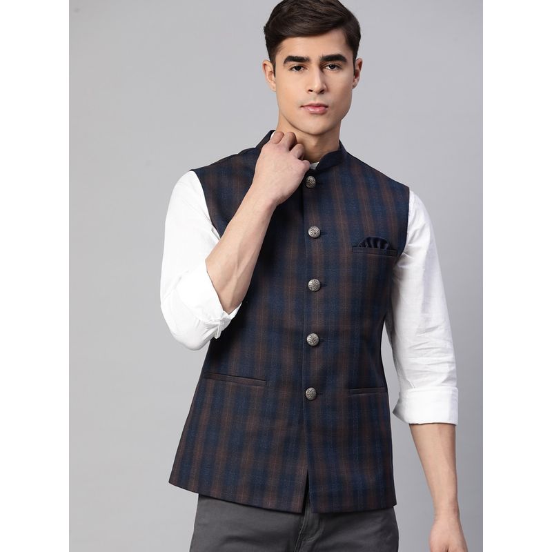ESSAS club Men Navy Blue Nehru Jacket With Bold Khaki Checks (36)