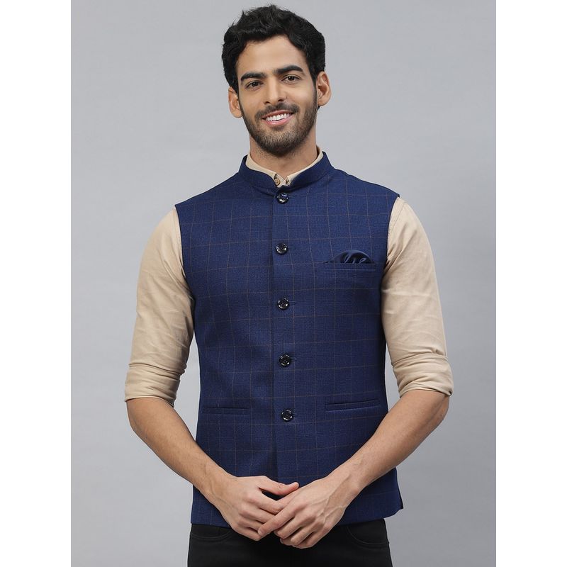 ESSAS club Men Royal Blue Nehru Jacket With Golden Checks (40)
