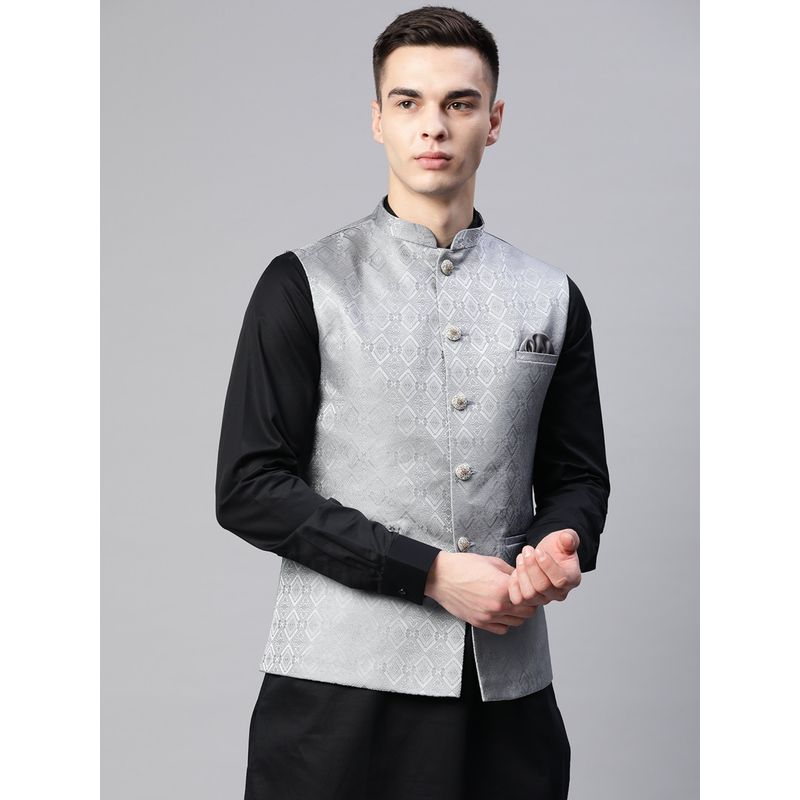 ESSAS club Men Grey Diamond Weave Jacquard Nehru Jacket (36)
