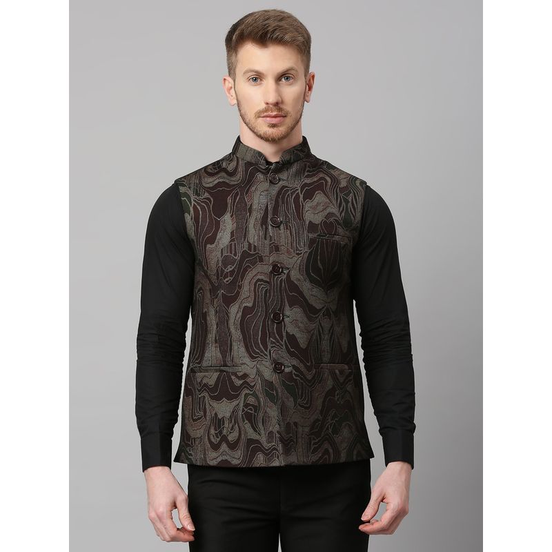 ESSAS club Knitted Maroon & Gold Abstract Print Nehru Jacket (46)
