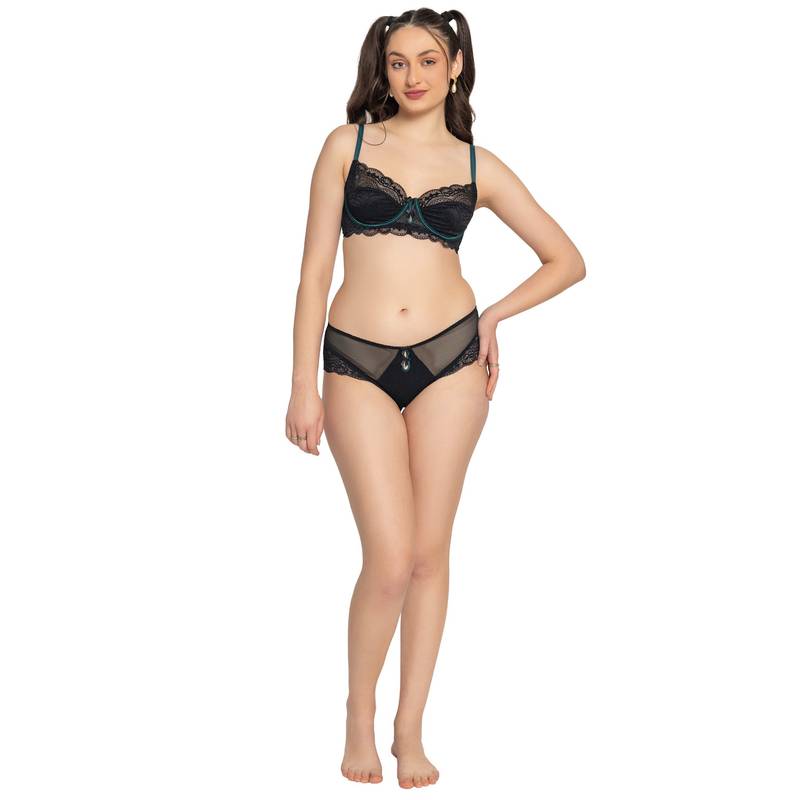 Chelvet Black Self Design Blended Medium Coverage Bra and Brief (34B)