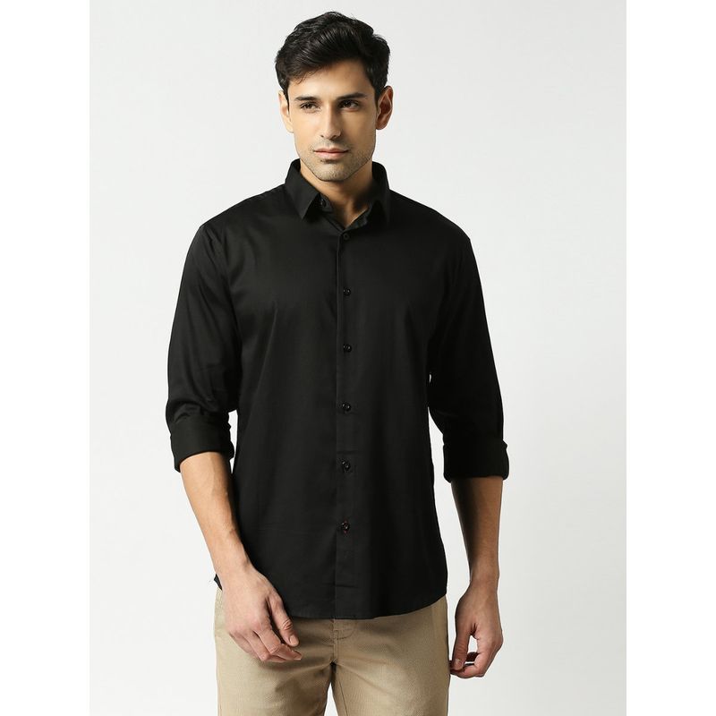Dragon Hill Full Sleeves Black Cotton Satin Lycra Solid Shirt (L)