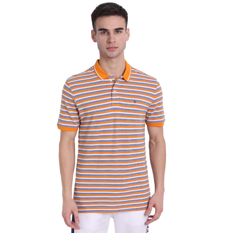 AM SWAN Mens Stripes Flame Orange - White - Blue Atoll Polo T-Shirt (S)