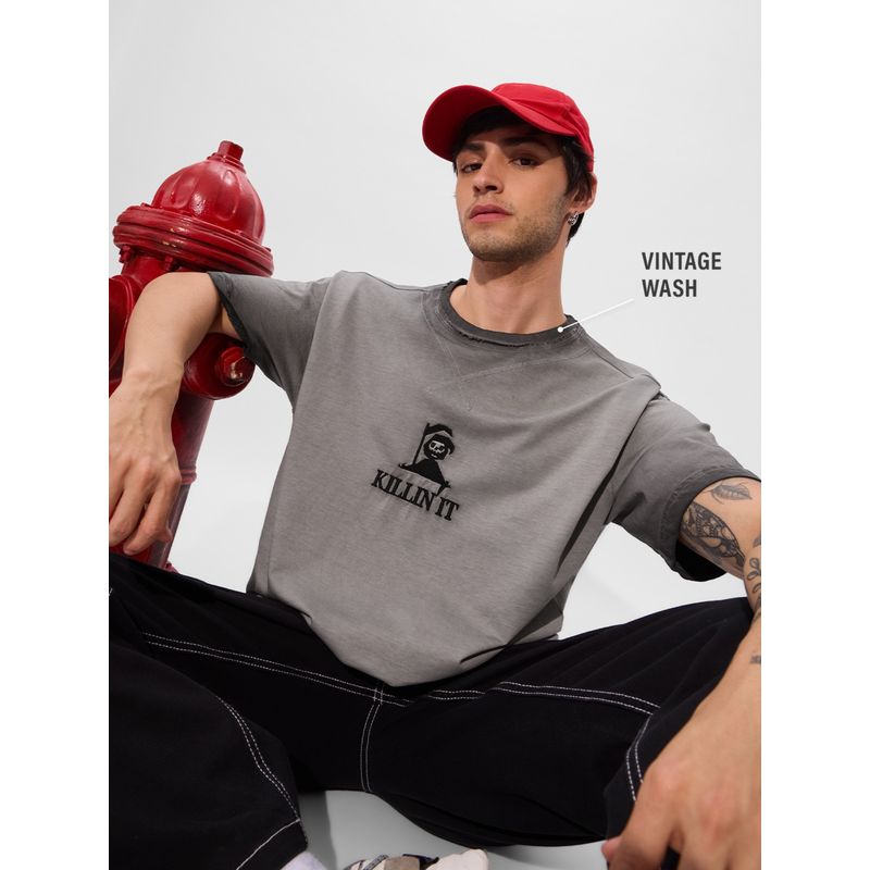 The Souled Store Grey Originals Killing' It Oversized T-Shirt (L)