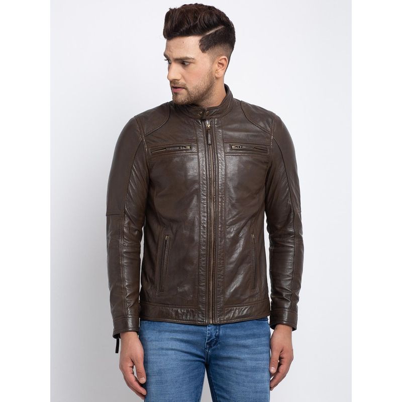 Teakwood Men Brown Solid Lightweight Genuine Leather Jacket (S)
