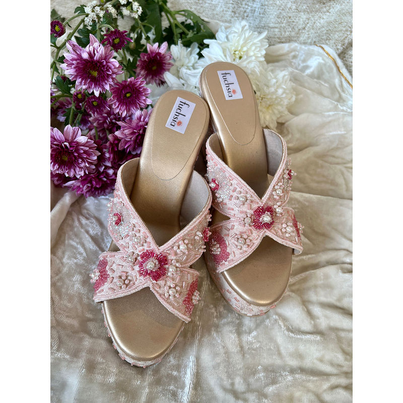 Fuchsia by Aashka Mehta Paradise Pink Embroidered Wedges (EURO 39)