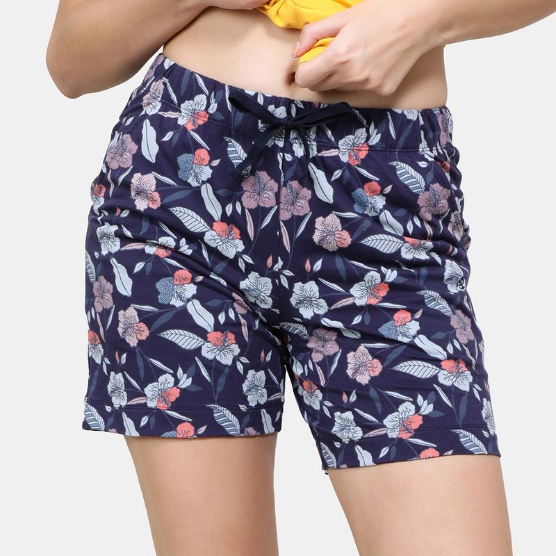 Jockey RX65 Women Cotton Relaxed Fit Printed Shorts with Convenient Side Pockets - Navy (M)