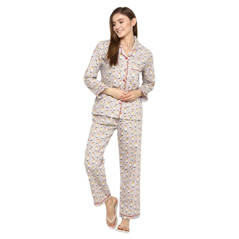Shopbloom Cute Penguin Print Long Sleeve Women's Night Suit - Grey (S)