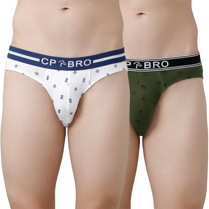 CP BRO Printed Briefs with Exposed Waistband Value - White & Olive Green (Pack of 2) (XL)