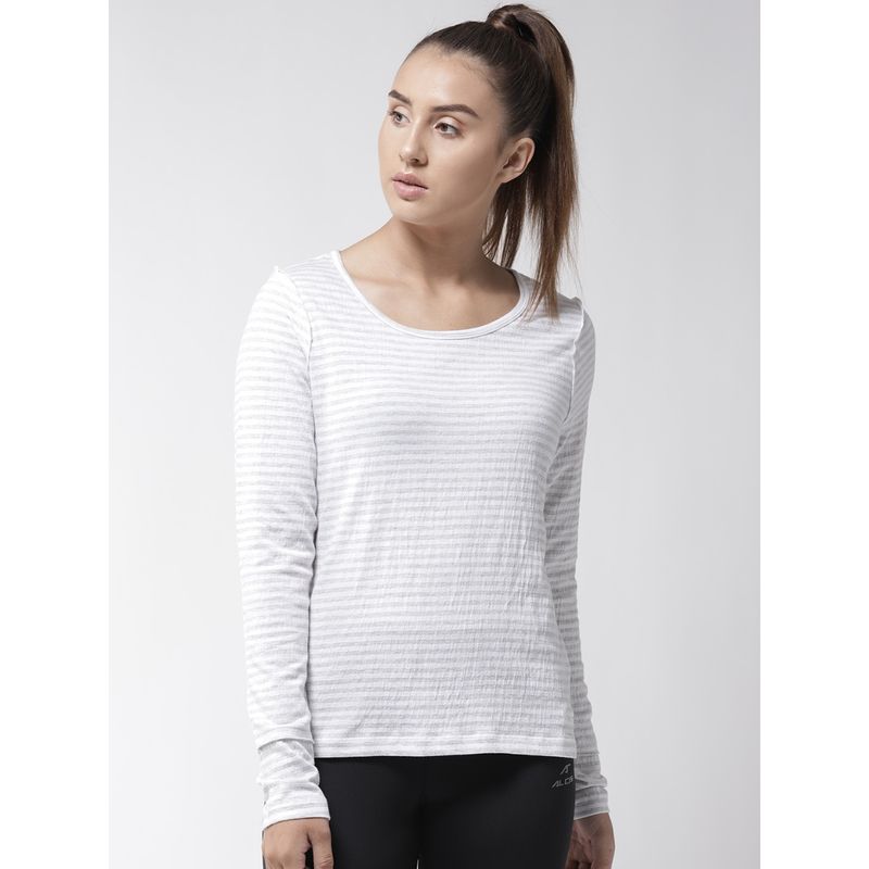 Alcis Women White Grey Slim Fit Striped Round Neck Yoga T-shirt (L)