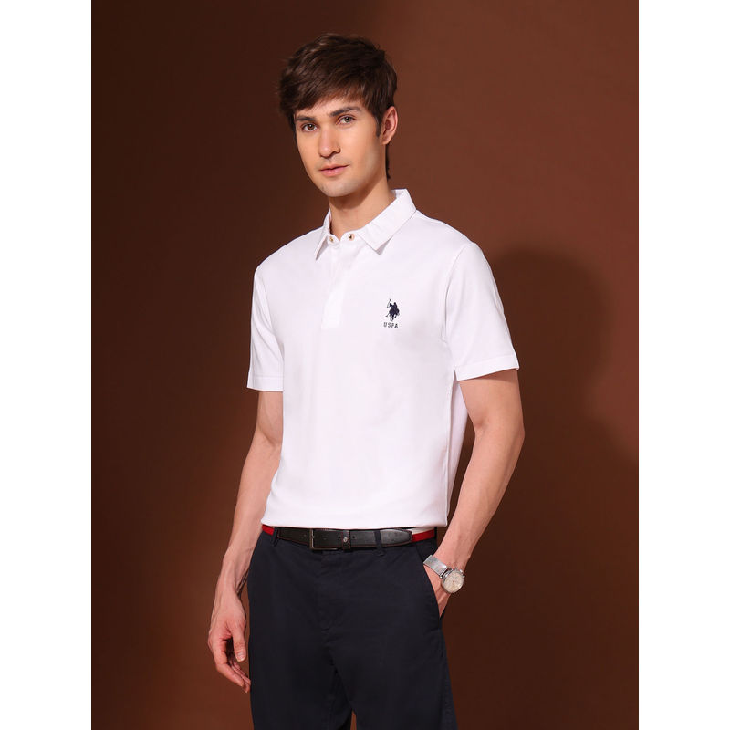 U.S. POLO ASSN. Men White Cotton Collar Neck Slim Fit Polo T-Shirt (L)