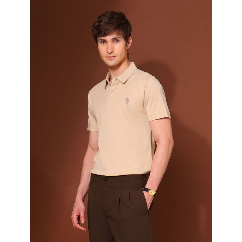 U.S. POLO ASSN. Men Beige Cotton Collar Neck Slim Fit Polo T-Shirt (2XL)