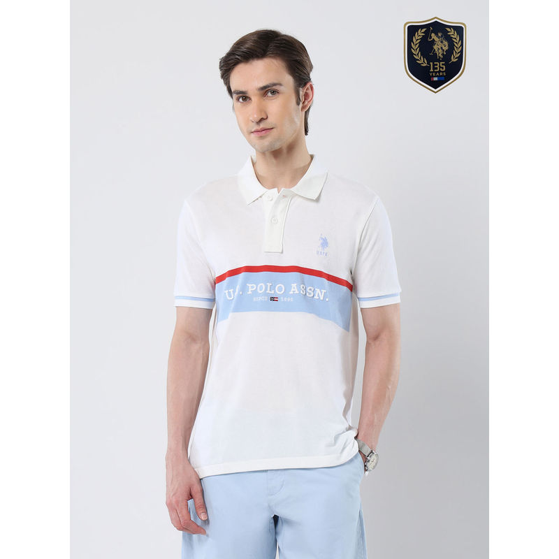 U.S. POLO ASSN. Men White Cotton Collar Neck Slim Fit Polo T-Shirt (L)