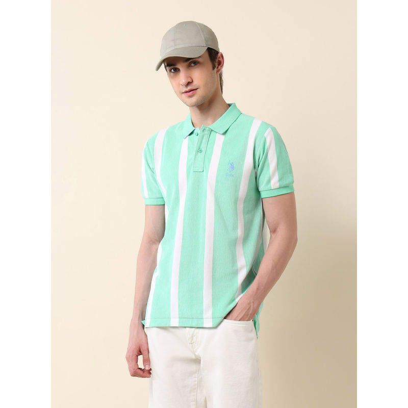 U.S. POLO ASSN. Men Green Cotton Collar Neck Slim Fit Polo T-Shirt (L)