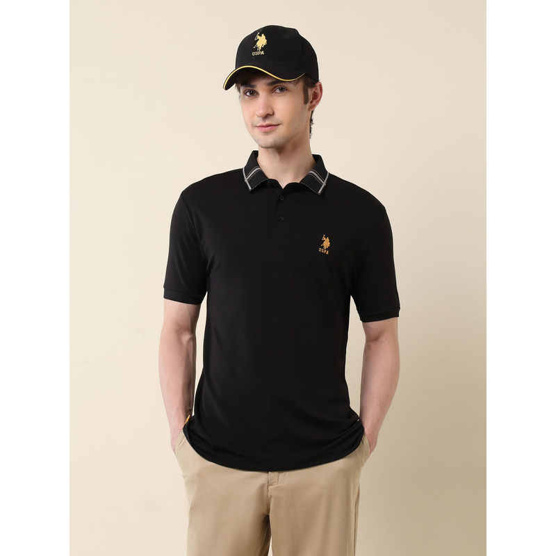 U.S. POLO ASSN. Men Black Rayon Collar Neck Slim Fit Polo T-Shirt (S)