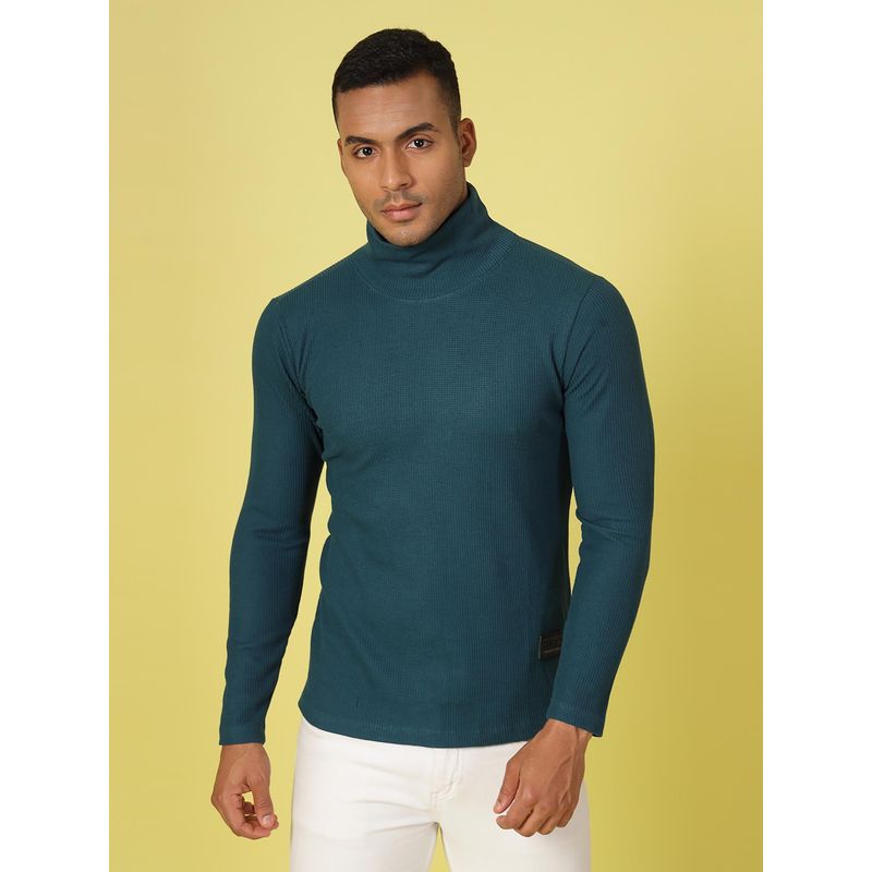 RIGO Men Teal Waffle Knit Turtle Neck T-Shirt (XL)