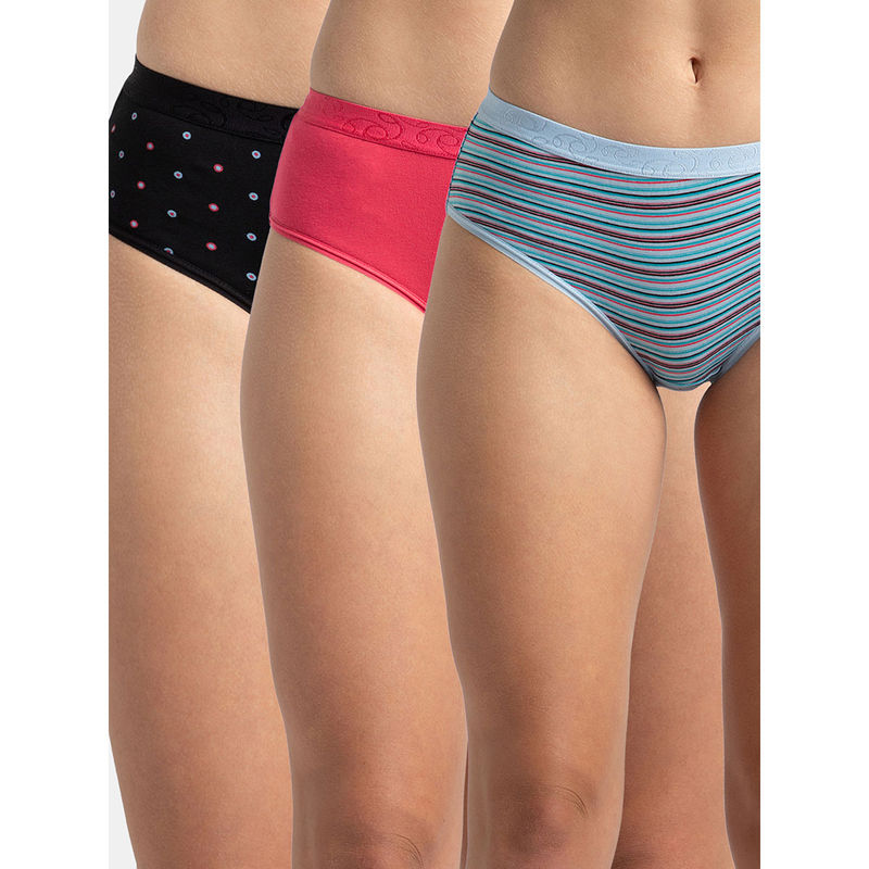 Jockey 3006 Womens High Coverage Cotton Elastane Mid Waist Hipster- Multi-Color (Pack of 3) (L)