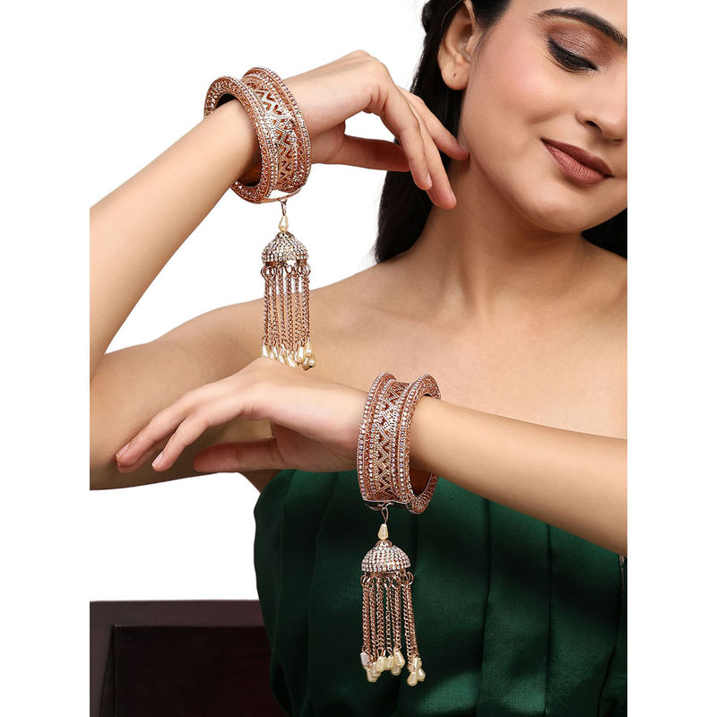 Anika's Creations Set of 2 Rose Gold-Plated Cz Stone-Studded Handcrafted Latkan Style Bangle (2.4)
