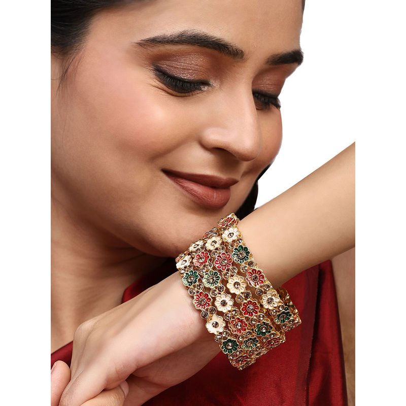 Anika's Creations Festive Gold Plated Bangles With Enamelled And Stone Embellishments (2.4)