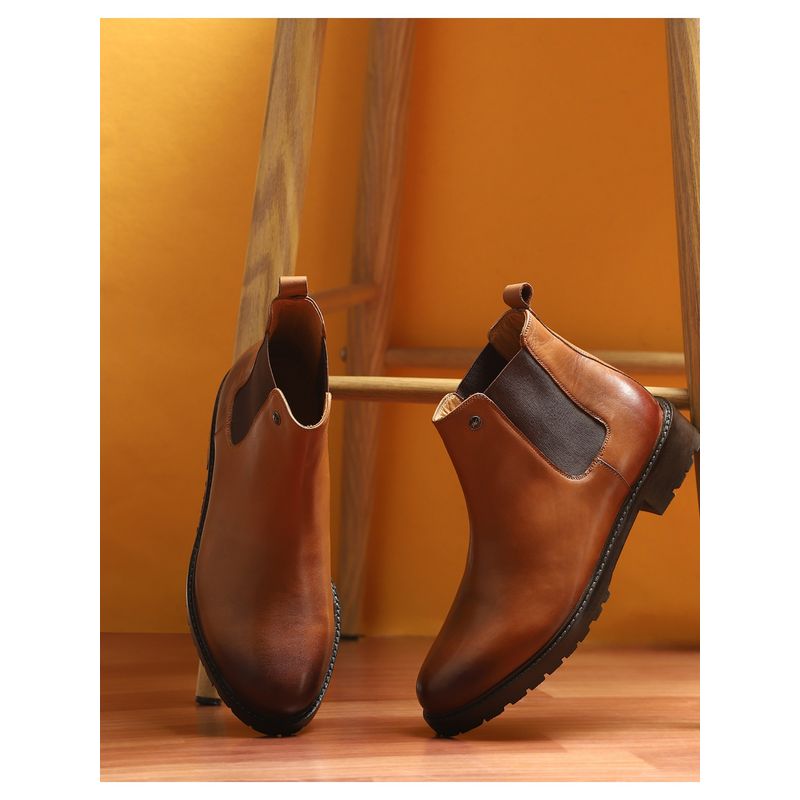 Monte Carlo Mens Tan Solid Slip on Genuine Leather Chelsea Boots (UK 9)