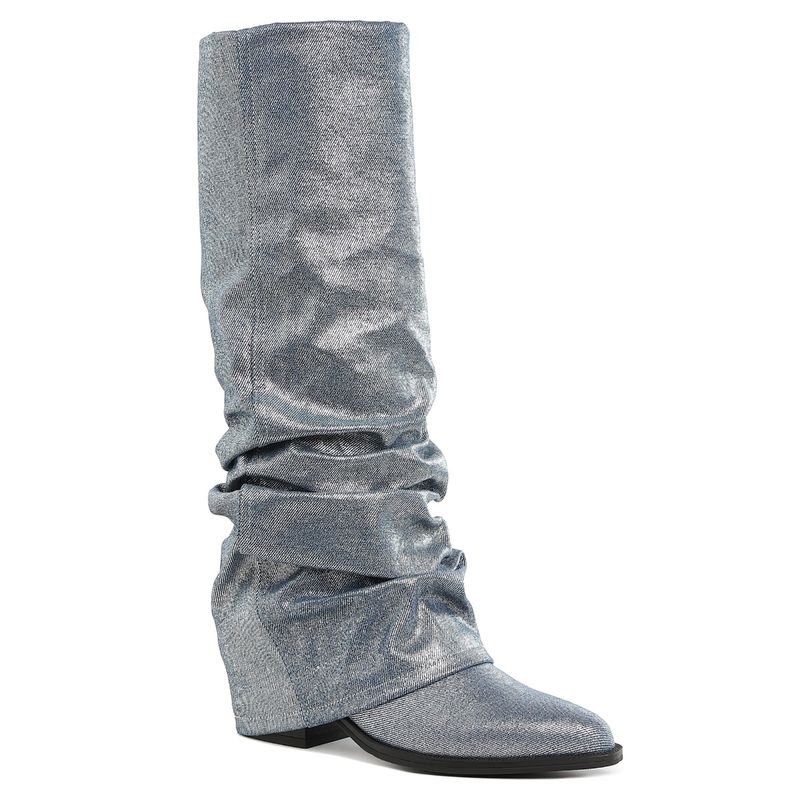 Rhinestone Slouchy Denim Two-Tone Fold Over Boots- Final Sale