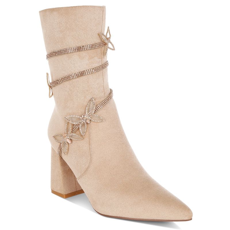London Rag Rhinestone Brooch Wrap-Around Beige Casual Boots (UK 7)