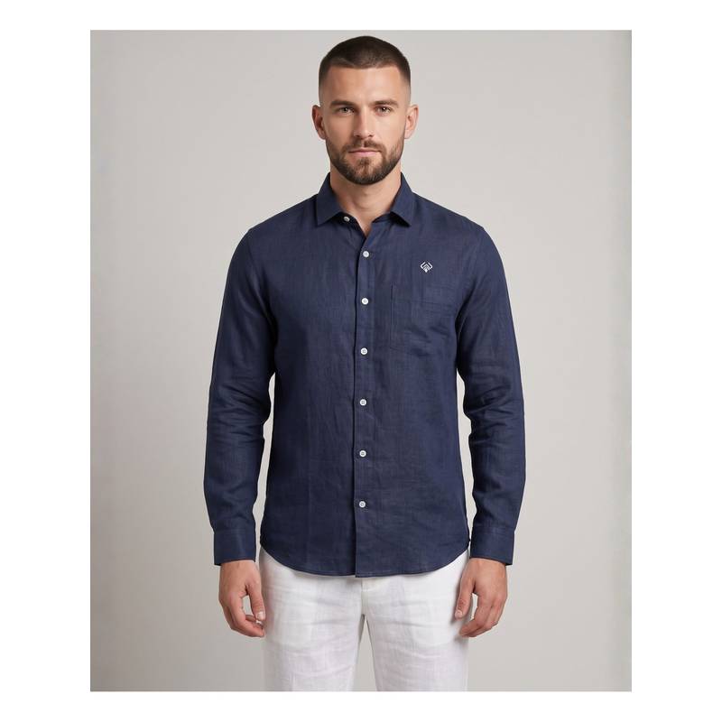 LINENWEAR Men'S Regular Fit Solid Navy Blue Shirt (S)