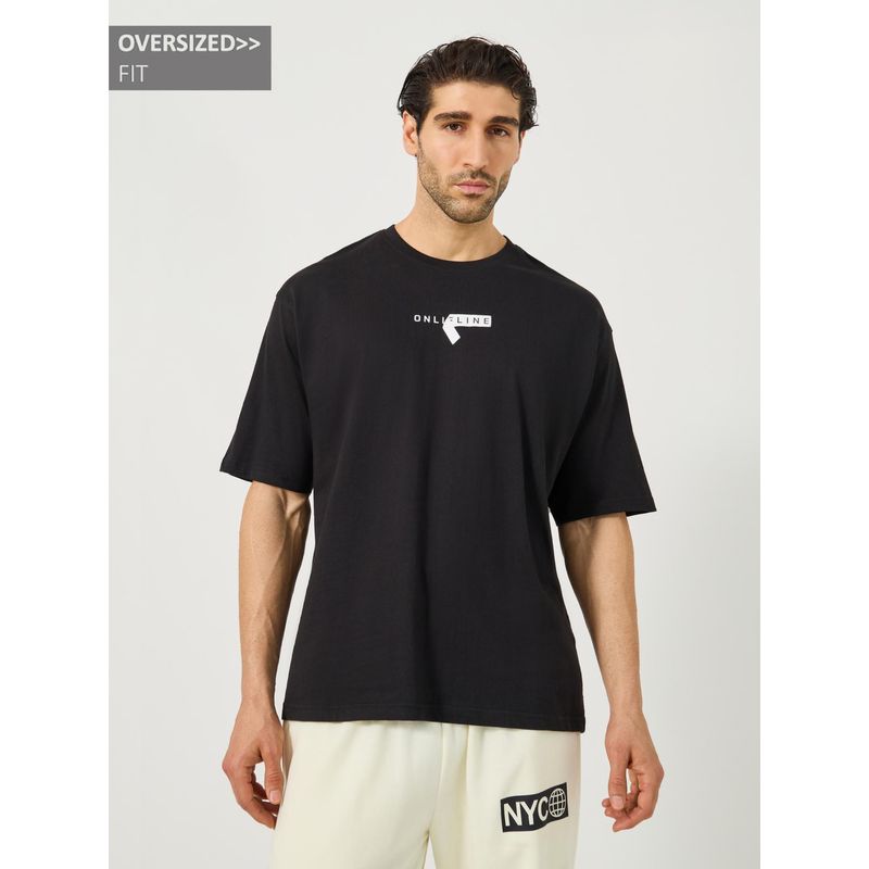 Styli Elevate Men Black Oversized Typography Print Cotton T-Shirt (S)
