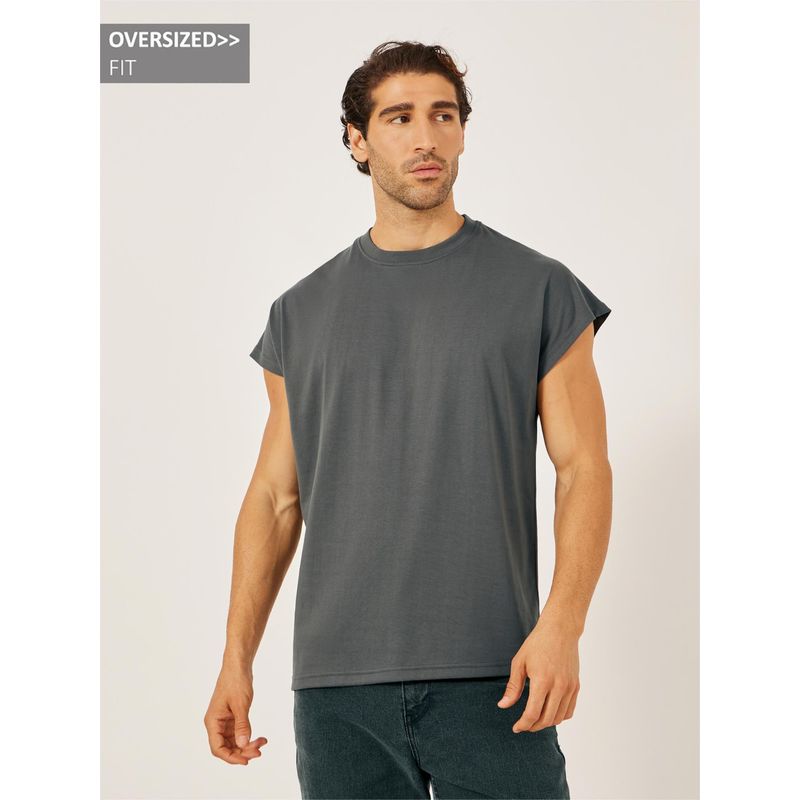 Styli Elevate Men Charcoal Solid Cap Sleeveless Crew Neck Oversized T-Shirt (XL)