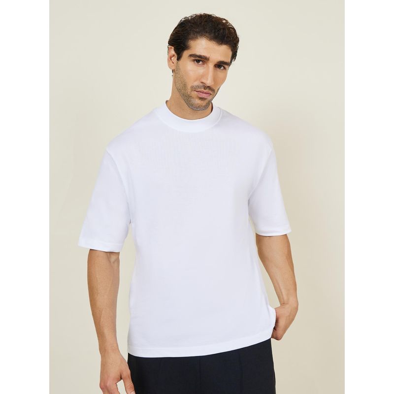 Styli Elevate Men White Solid Mock Neck Oversized T-Shirt (XL)