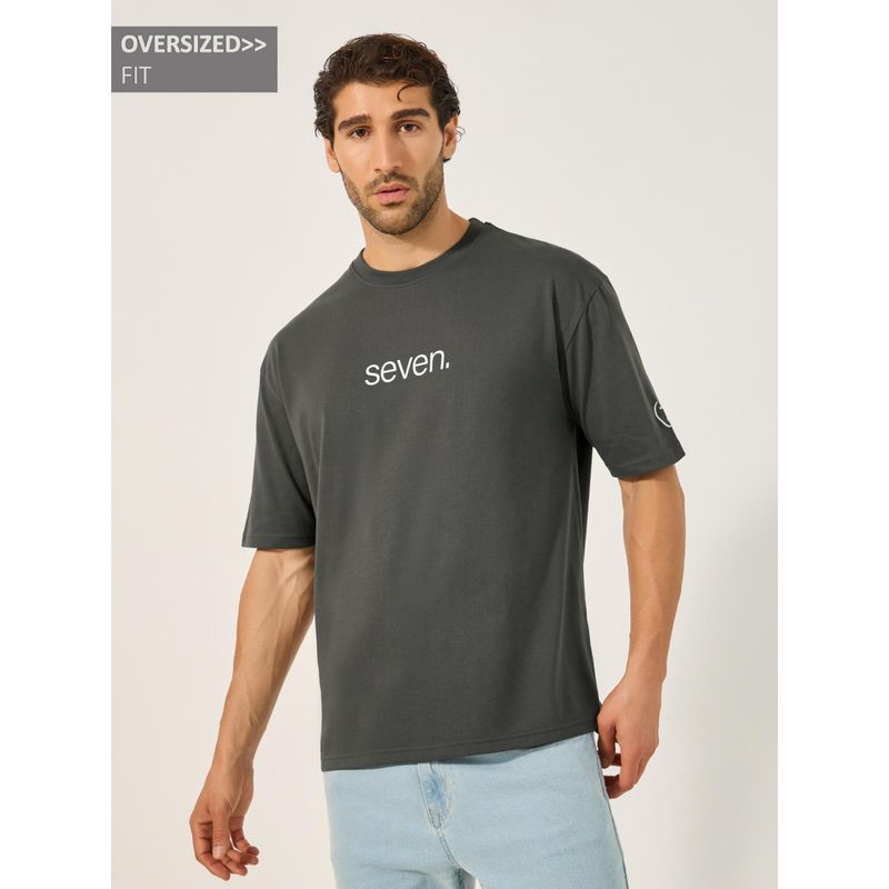 Styli Elevate Men Charcoal Oversized Cotton Blend Crew Neck Typographic Printed T-Shirt (S)