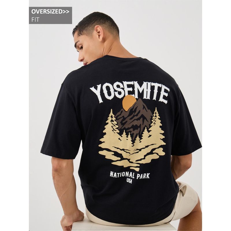 Styli Elevate Men Black Oversized Yosemite Graphic Print Crew Neck Cotton T-Shirt (S)