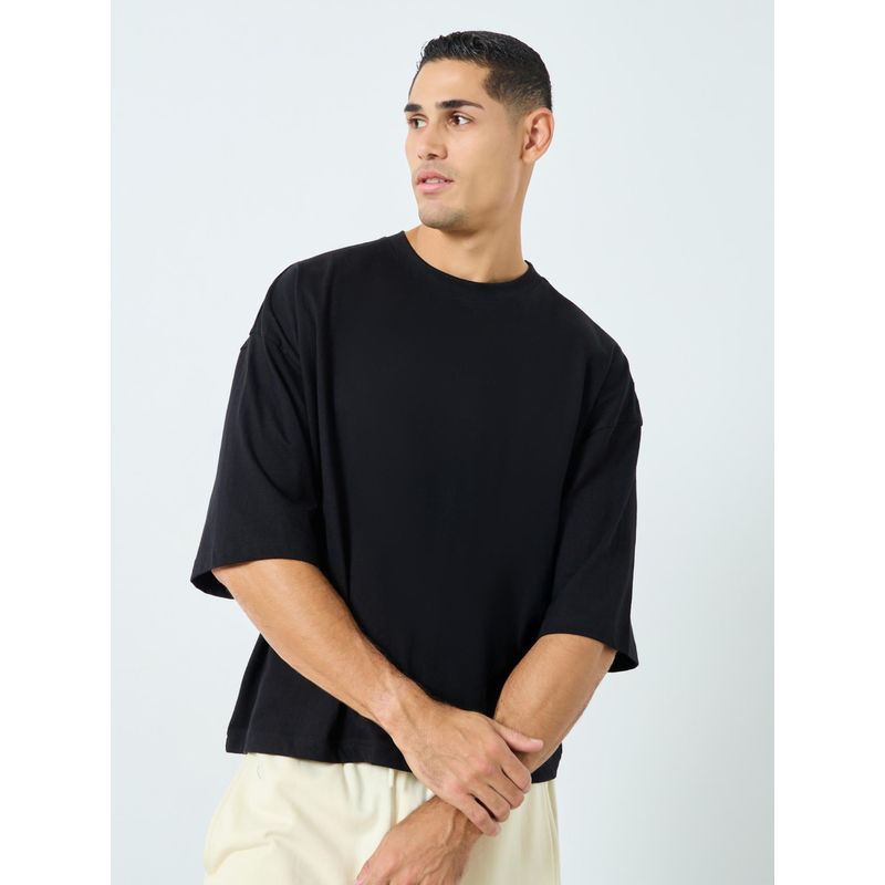 Styli Elevate Men Black Solid Boxy Fit Drop Shoulder Cotton T-Shirt (M)